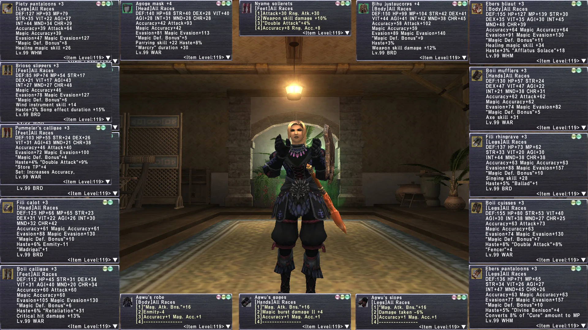 Hyur Female FFXI featuring Asoge mask, Nyame soliarets, FFXI account listing